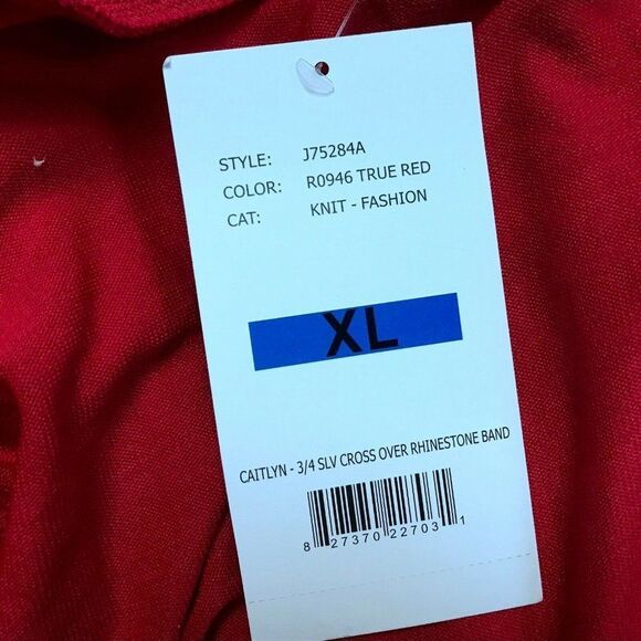 By Design True Red Knit Top V-Neck Pullover Sz XL Cross Over Rhinestone Band - Picture 6 of 7